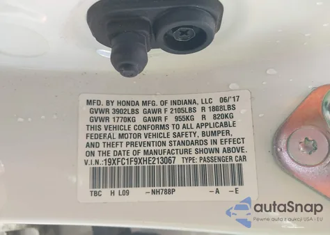 2017 Honda Civic Touring from USA, damaged, VIN 19XFC1F9XHE213067